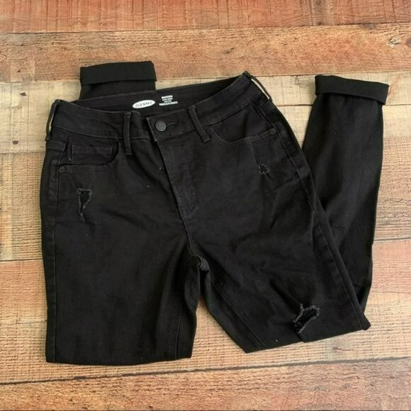 Old navy rockstar super skinny high rise distressed black denim jeans - 0 petite - Picture 9 of 9